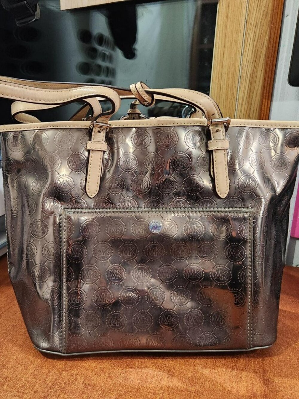 Michael Kors Metallic MK Logo Tote Bag Bronze Gunmetal Shopper